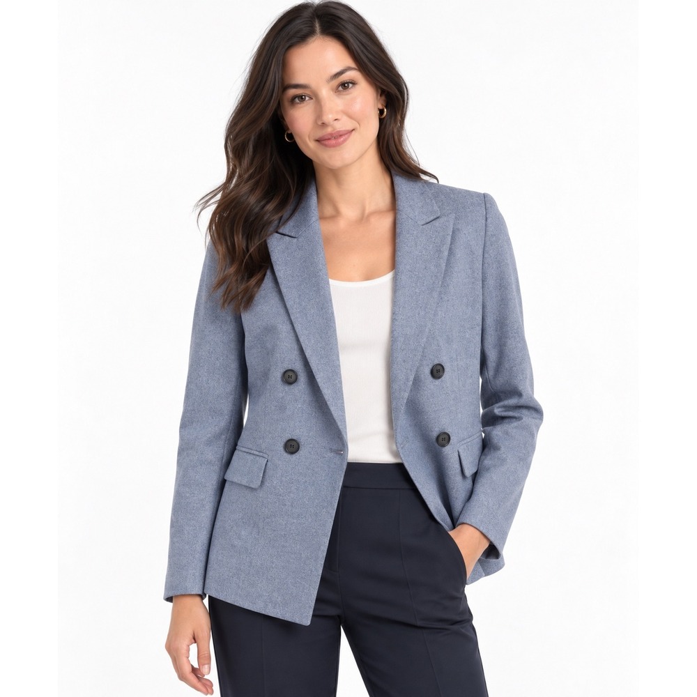 Loft Petites Blue Wool Blend Double Breasted Blazer Jacket 4P Notched Lapel